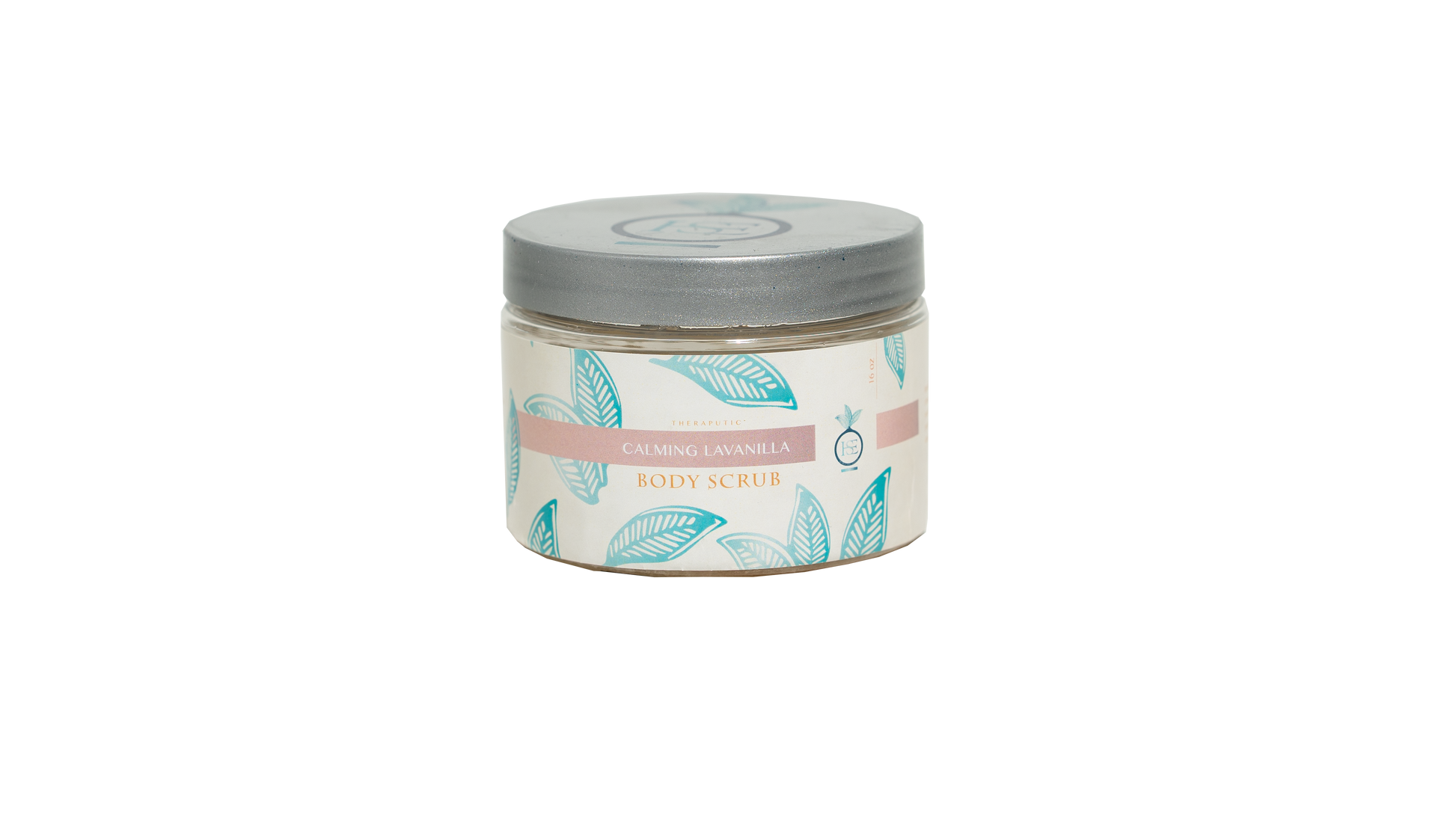 A closed 16 oz. jar of Calming LaVanilla body scrub is showcased against a transparent background, highlighting its clean and inviting packaging.