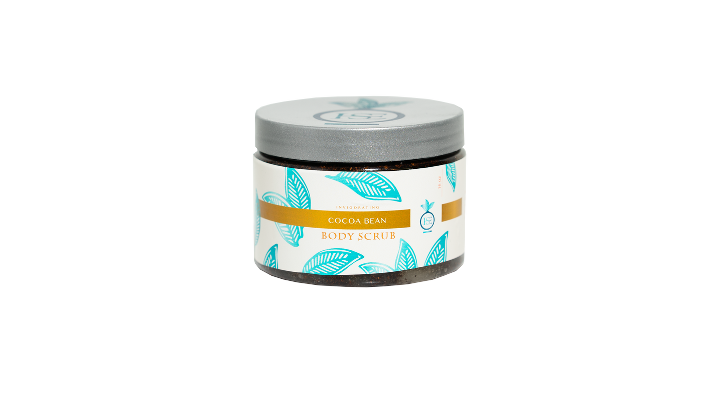  A closed 16 oz. jar of Cocoa Bean body scrub is displayed against a transparent background, showcasing the product's elegant design.