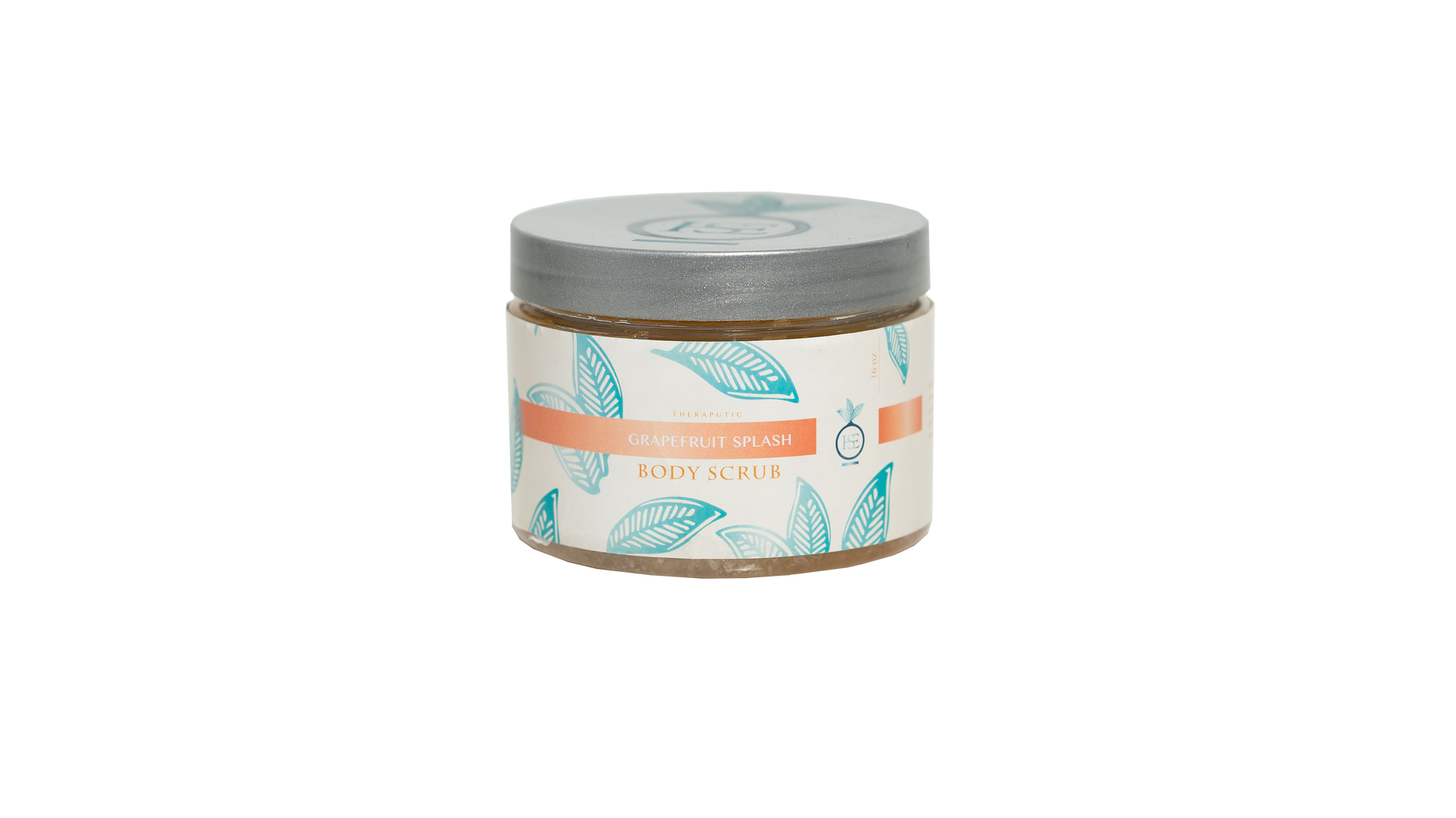 A closed 16 oz. jar of Grapefruit Splash body scrub is presented against a transparent background, emphasizing the product's vibrant and refreshing packaging.