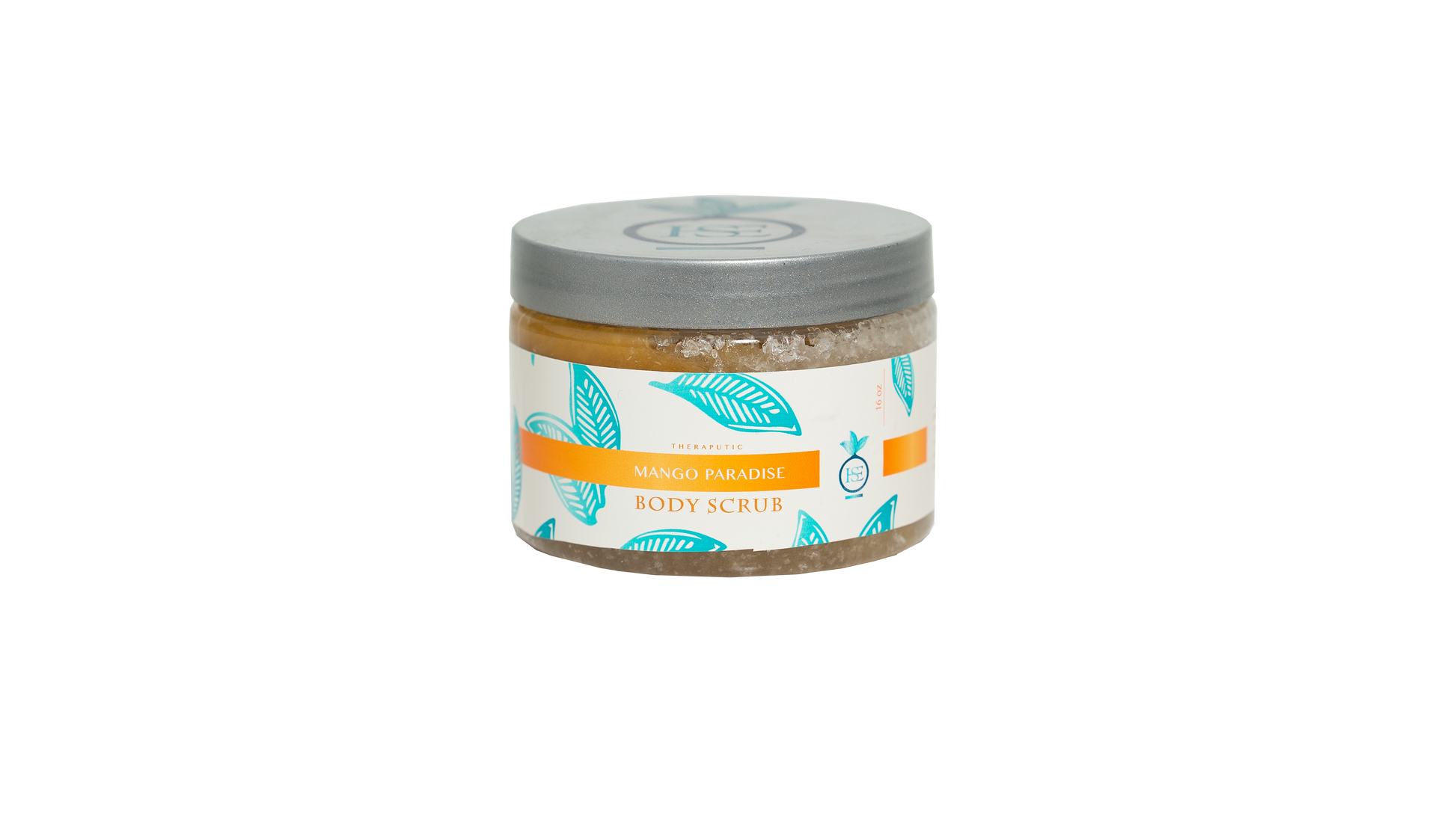 A closed 16 oz. jar of Mango Paradise body scrub is showcased against a transparent background, emphasizing the product's vibrant packaging.