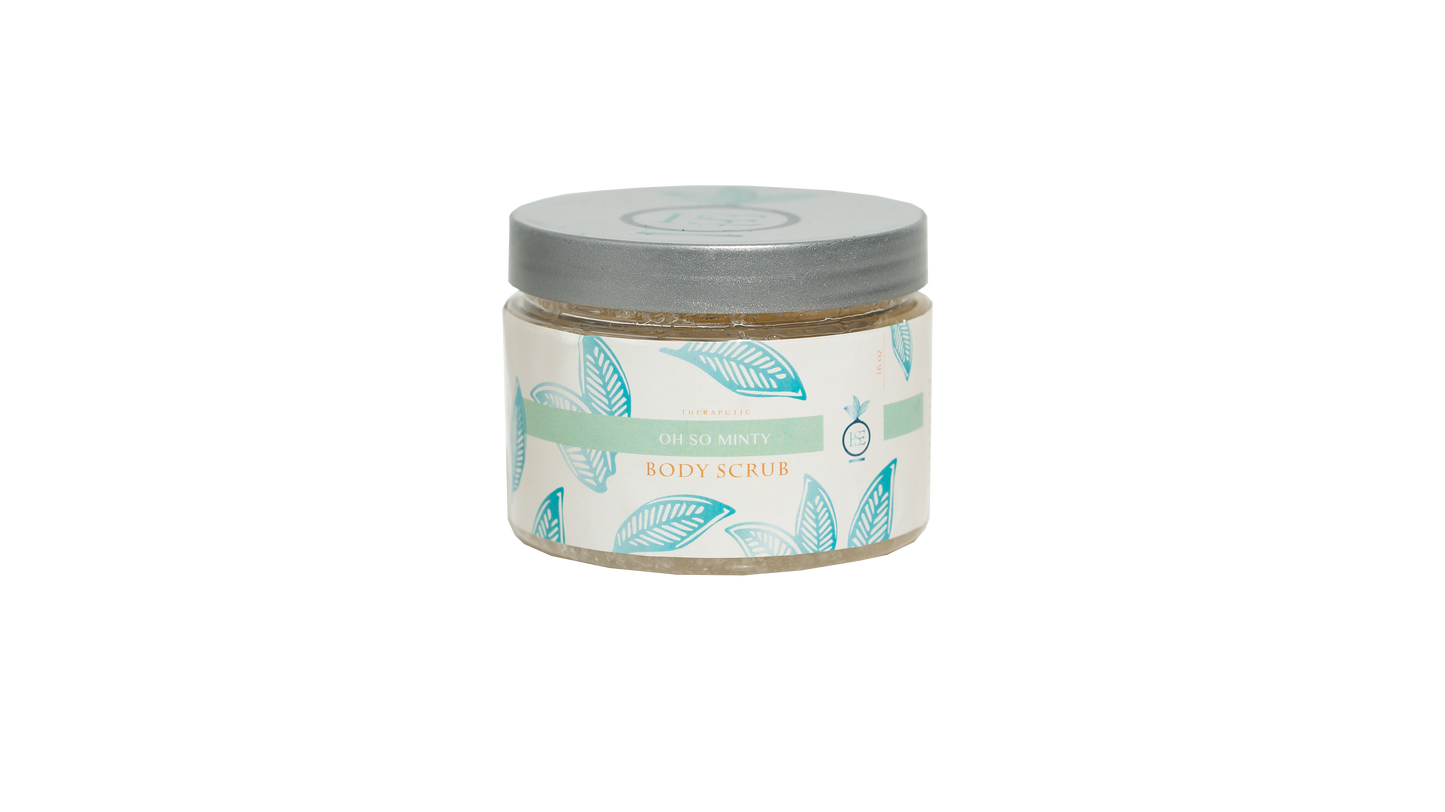 A closed 16 oz. jar of Oh So Minty body scrub is presented against a transparent background, emphasizing the product's clean and natural design.