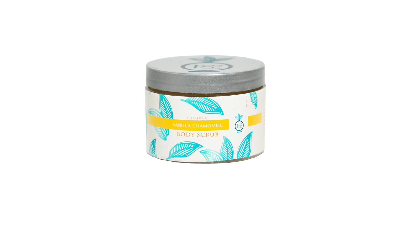 A closed 16 oz. jar of Vanilla Chamomile body scrub is displayed against a transparent background, emphasizing the product's elegant packaging.